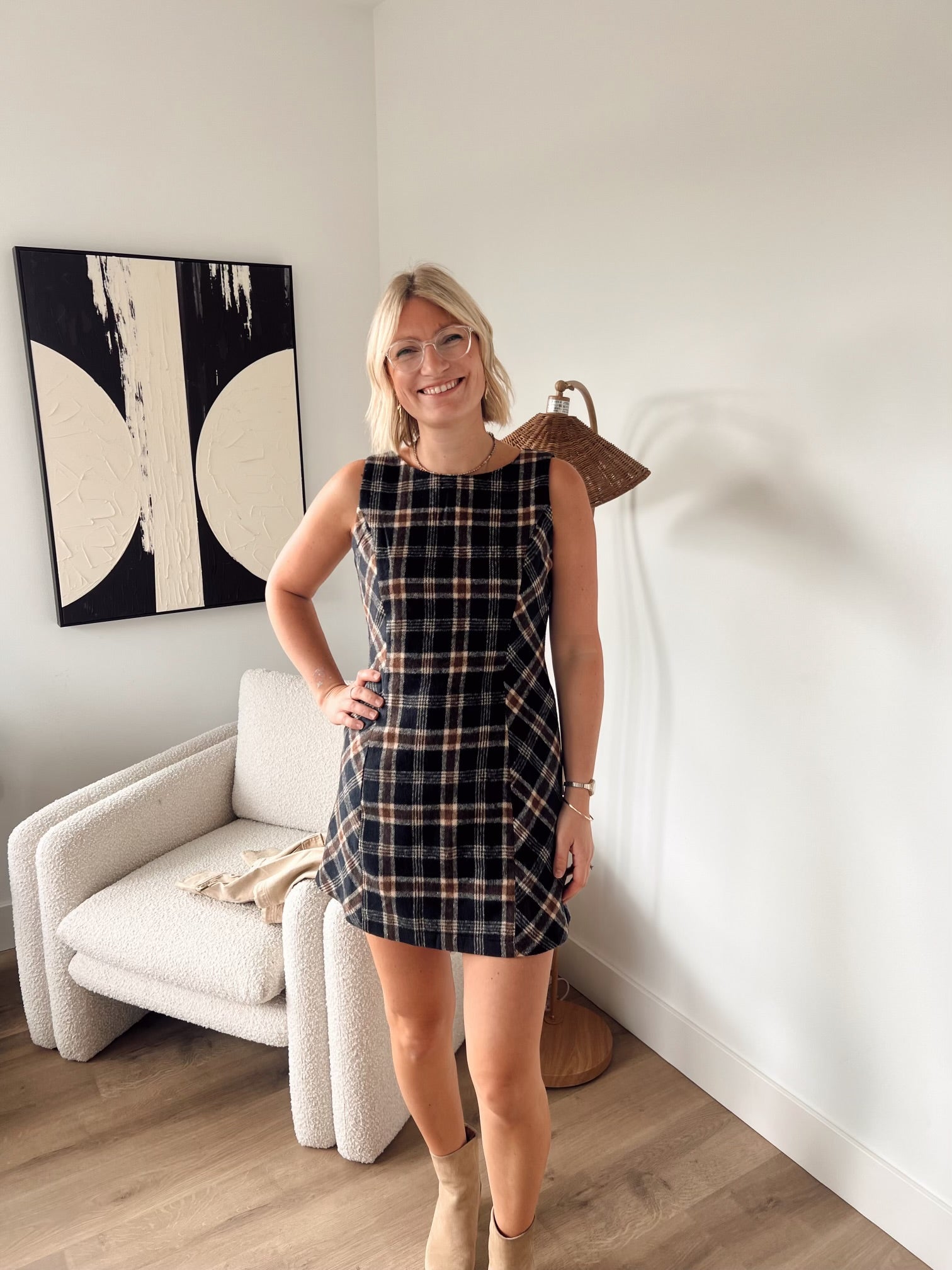 fall checkered dress Fall Transition Plaid Sweater Dress In Mocha